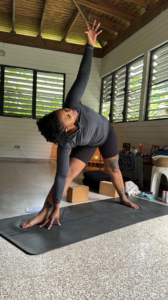 E in triangle pose at retreat